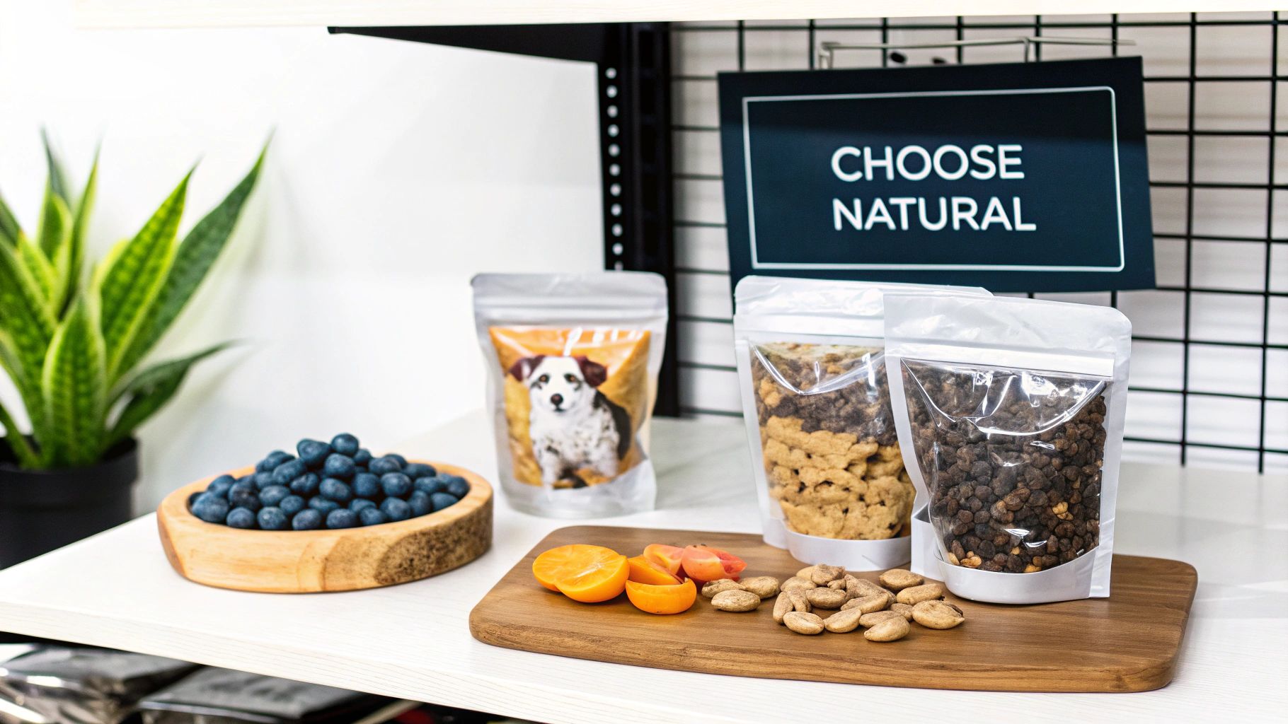 A display of natural dog treats and ingredients including blueberries, fresh fruit, and kibble.