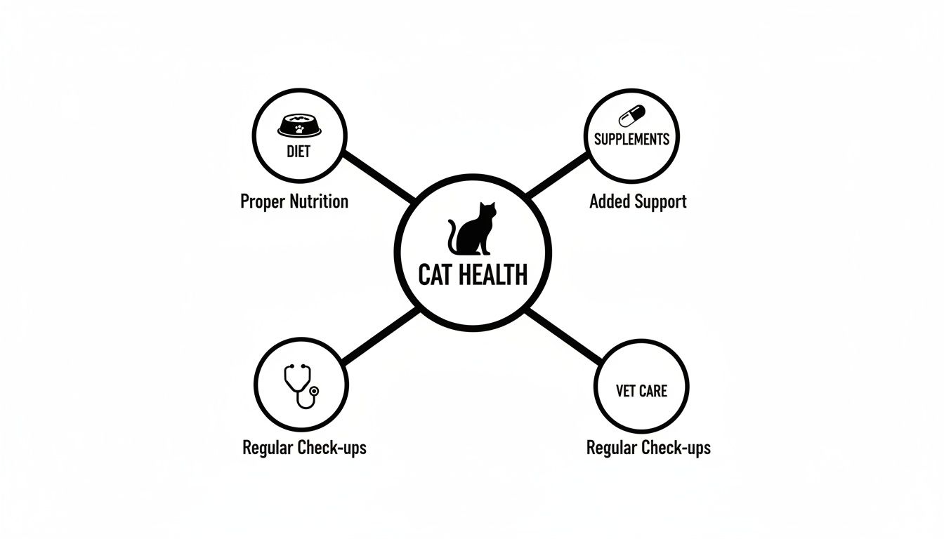 A diagram illustrating cat health, highlighting proper nutrition, supplements, and regular vet check-ups.