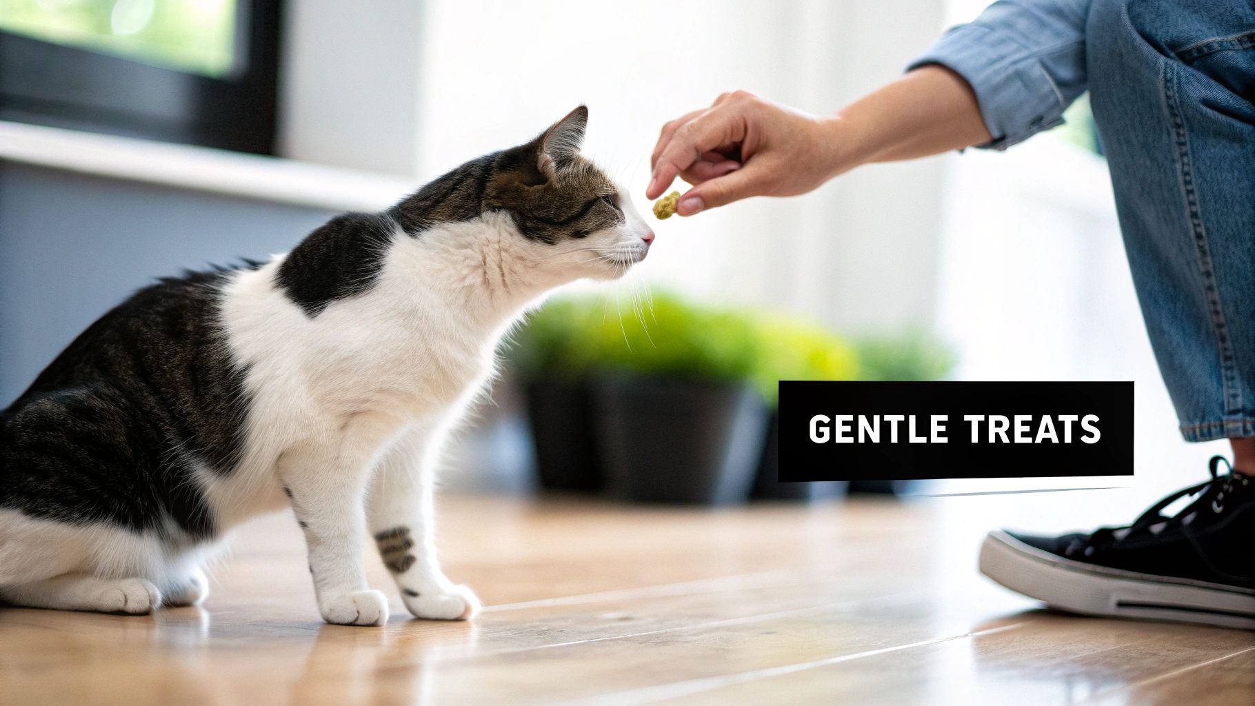 A person's hand offers a small, yellow treat to a black and white cat on a wooden floor.