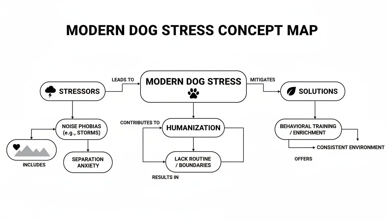 A concept map detailing modern dog stress, its causes like stressors and humanization, and solutions.