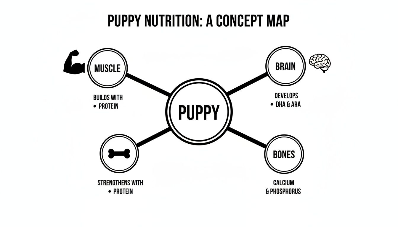 A diagram illustrating puppy nutrition needs, linking protein for muscles and bones, and DHA & ARA for brain development.