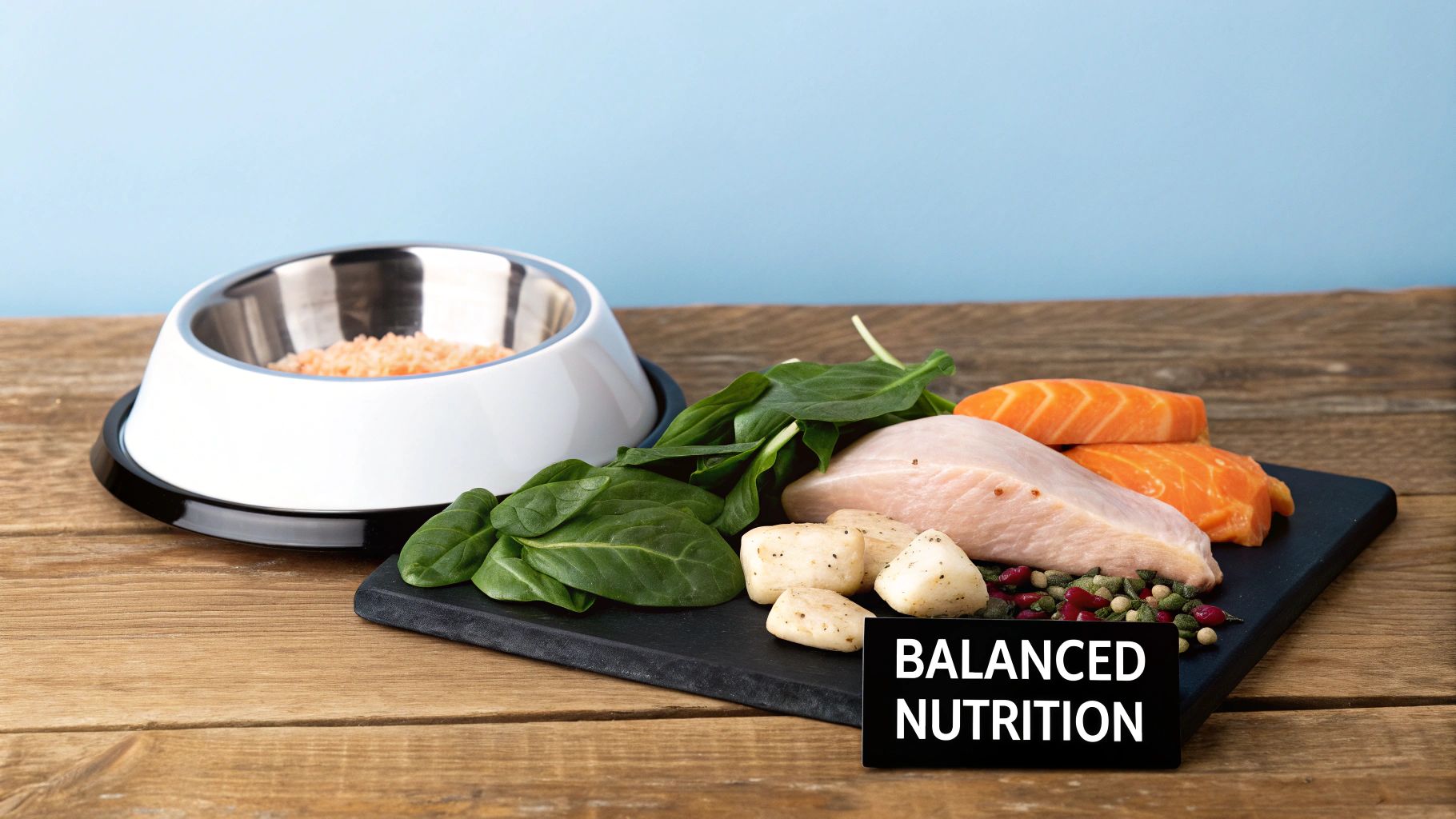 A bowl of healthy dog food ingredients including meat, carrots, peas, and blueberries