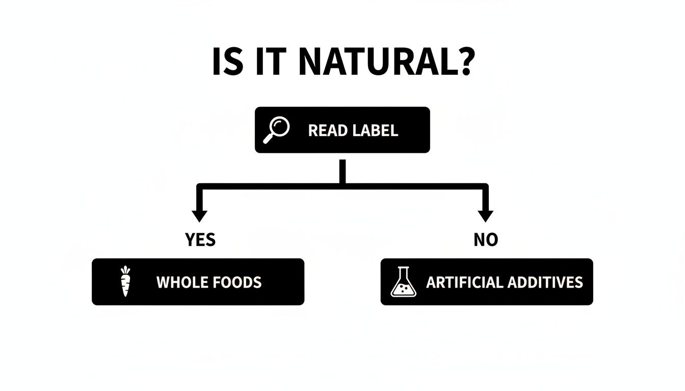 Flowchart: 'Is it natural?' Guide. Read label for whole foods or artificial additives.
