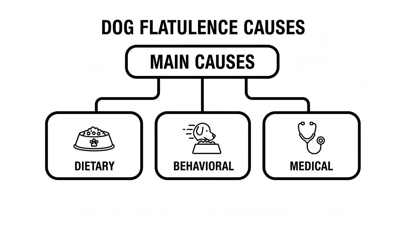 A black and white diagram showing the main causes of dog flatulence: dietary, behavioral, and medical factors.