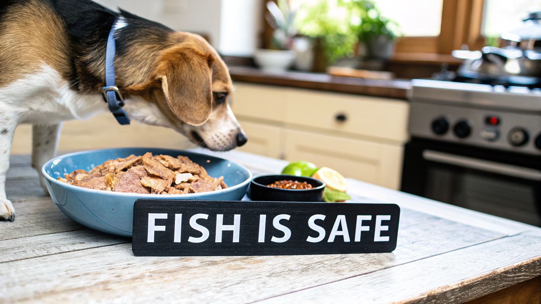 A happy dog looking at a piece of cooked salmon on a plate.