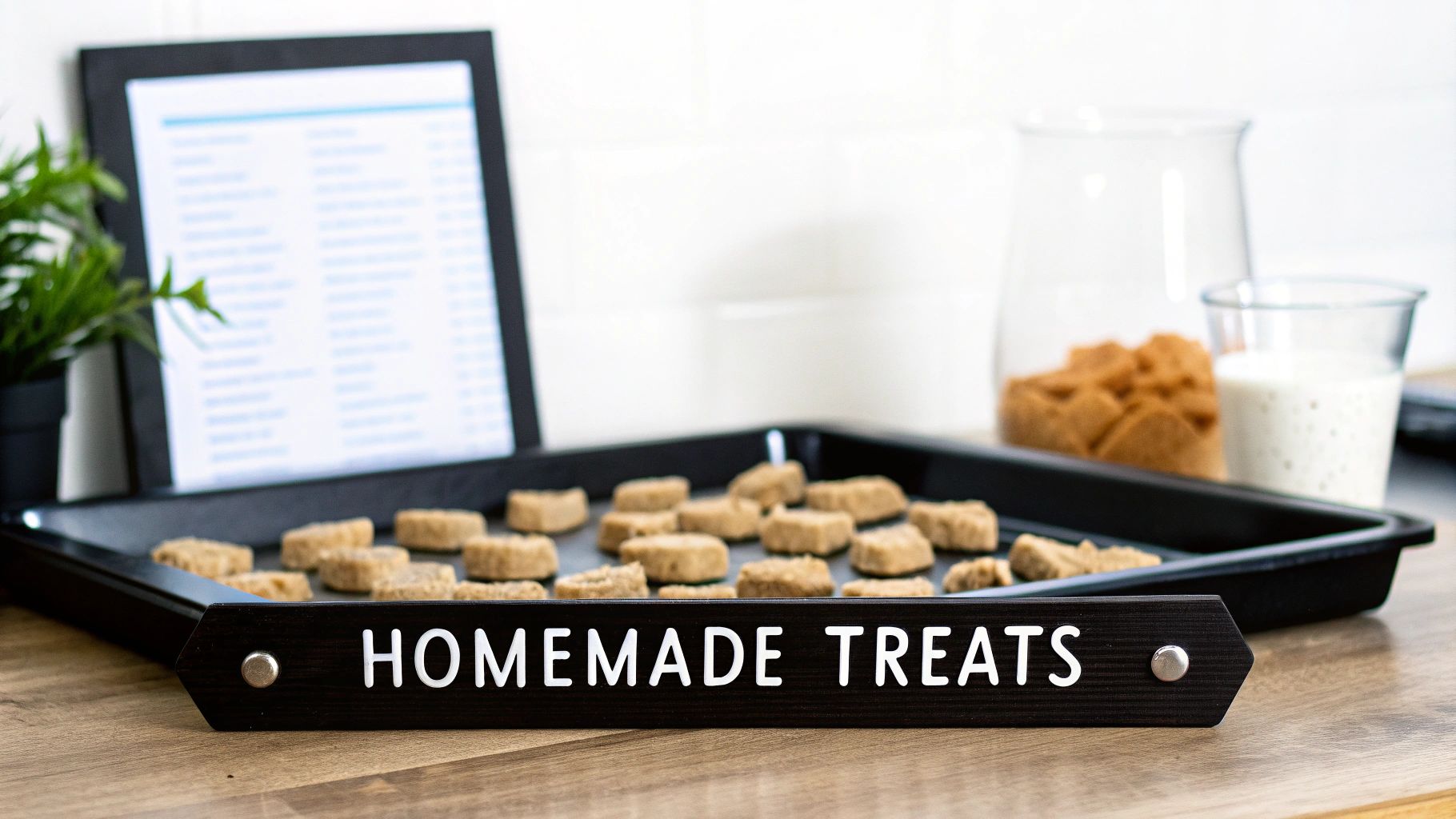 Unbaked homemade cookies on a baking sheet with a 'Homemade Treats' sign, milk, and sugar.