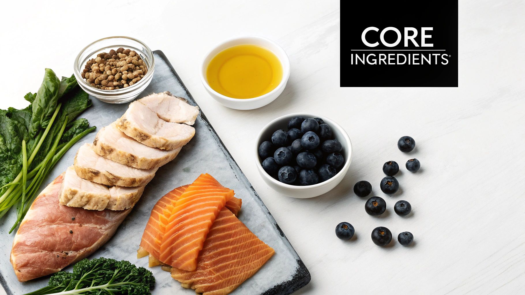 A collection of healthy pet food ingredients including meats, salmon, greens, blueberries, and oil.