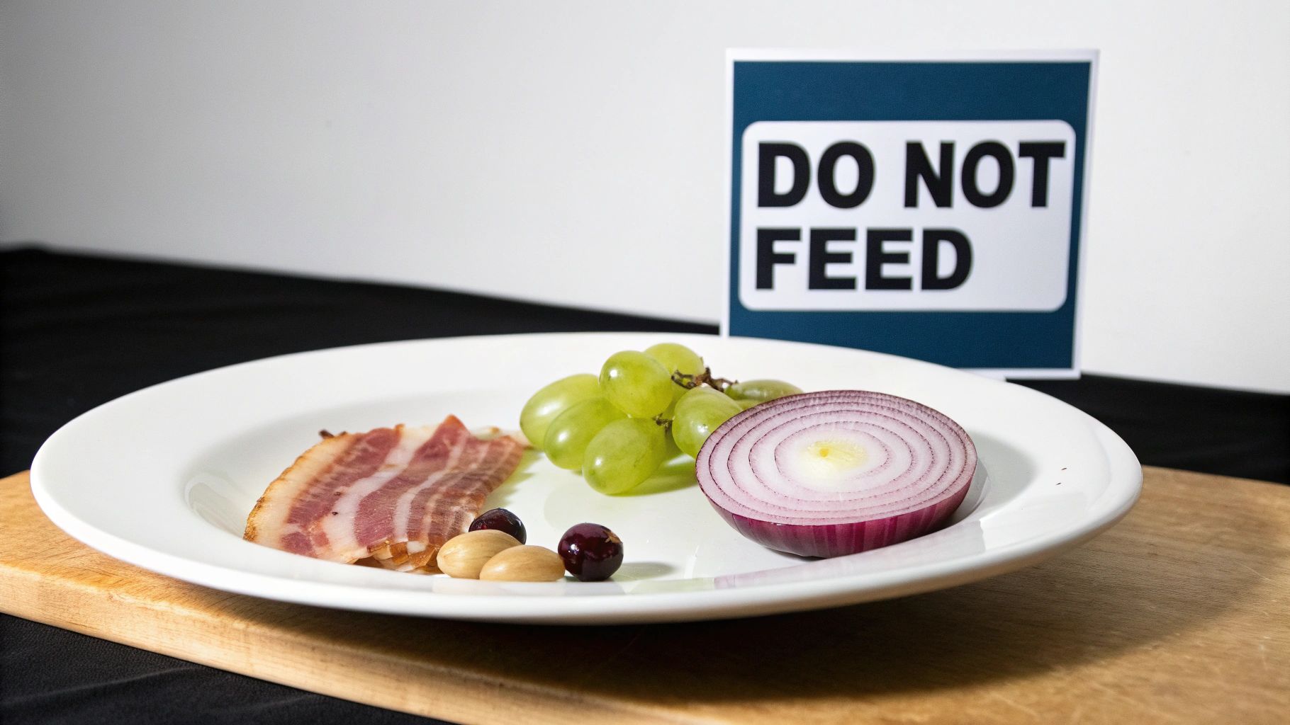 A small dog sniffing at a plate of human food with a red "no" symbol over it.