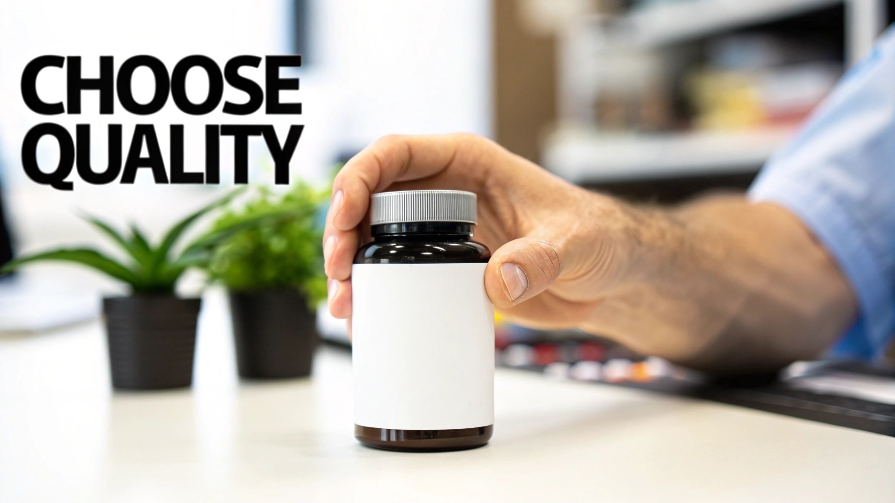 A dog owner carefully reads the label on a bottle of joint supplements.