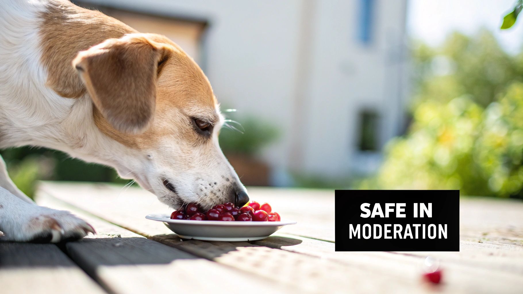 A dog eats red berries from a small white bowl on a wooden deck, with a 'SAFE IN MODERATION' sign.