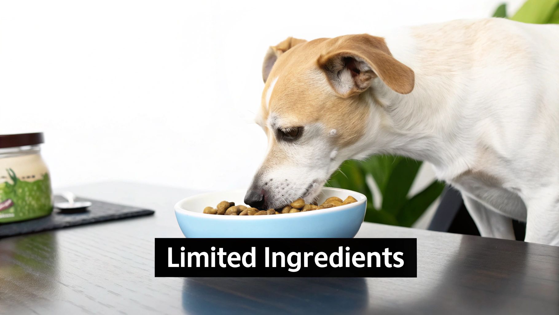 A small dog eats dry kibble from a blue bowl on a table, highlighting 'Limited Ingredients'.