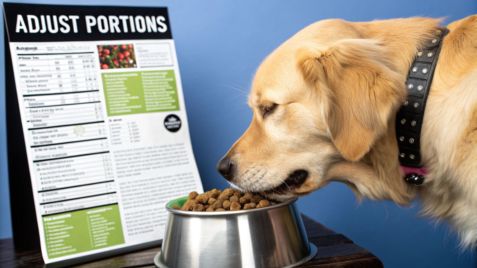 A golden retriever with a measuring cup and food bowl