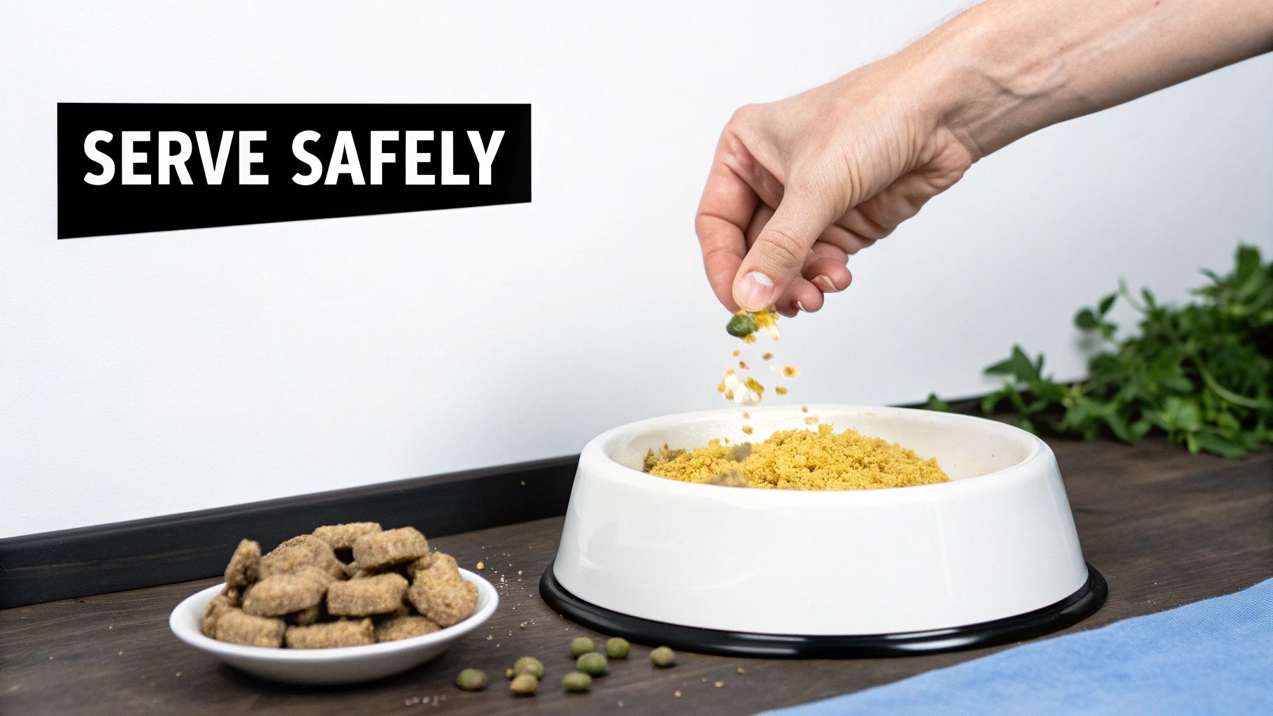 Hand sprinkling ginger powder seasoning into white dog bowl with food on wooden table