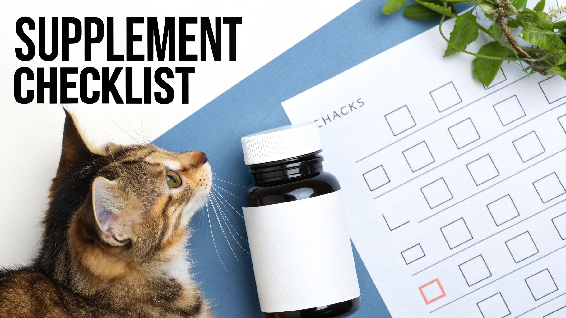 A tabby cat looks at a supplement bottle and a 'Supplement Checklist' form with a marked box.