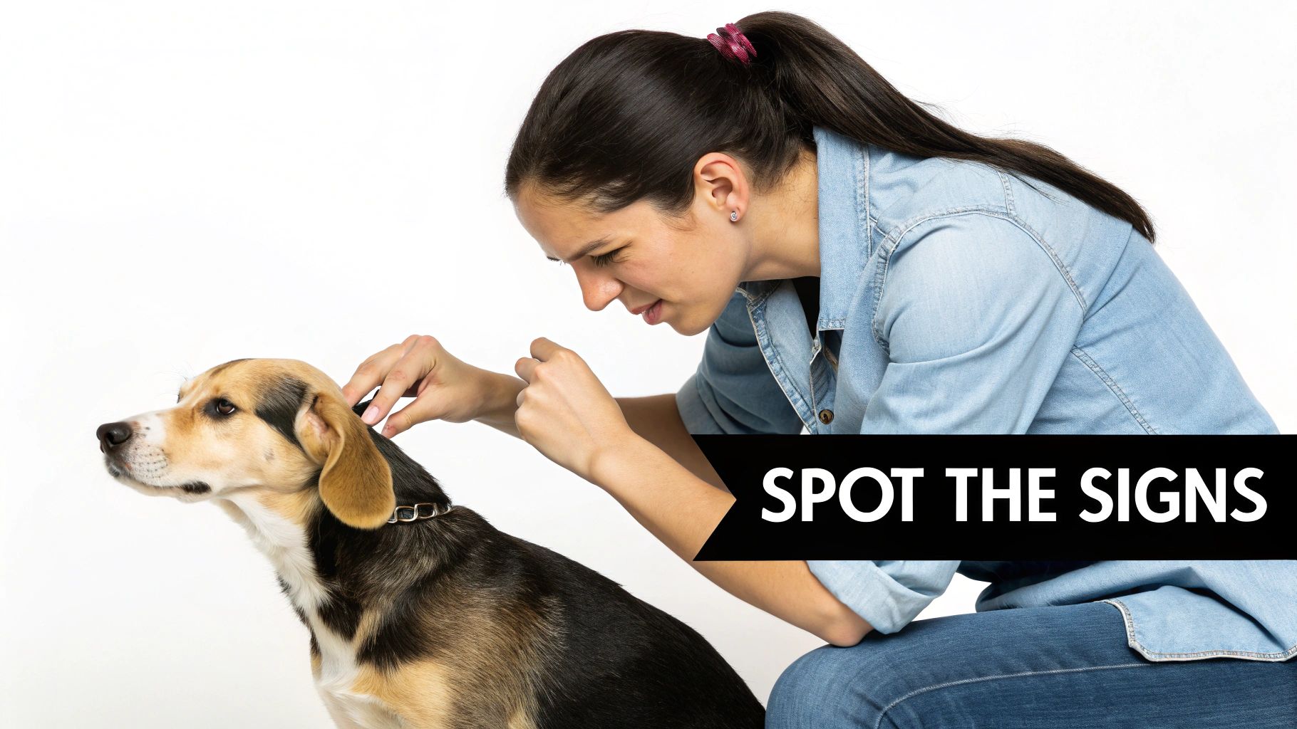 A woman in a denim shirt carefully examines a beagle dog's ear, checking for signs.