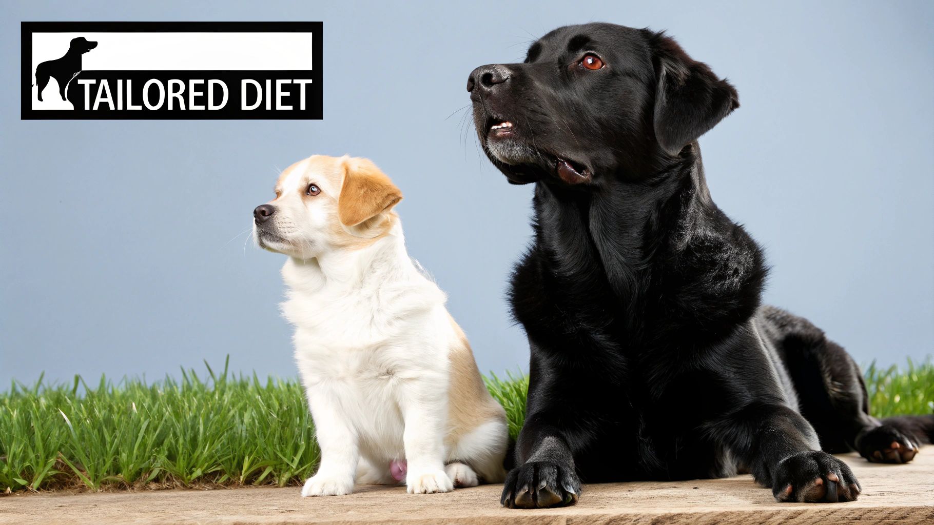 A small dog and a large dog sitting side-by-side, looking at the camera.