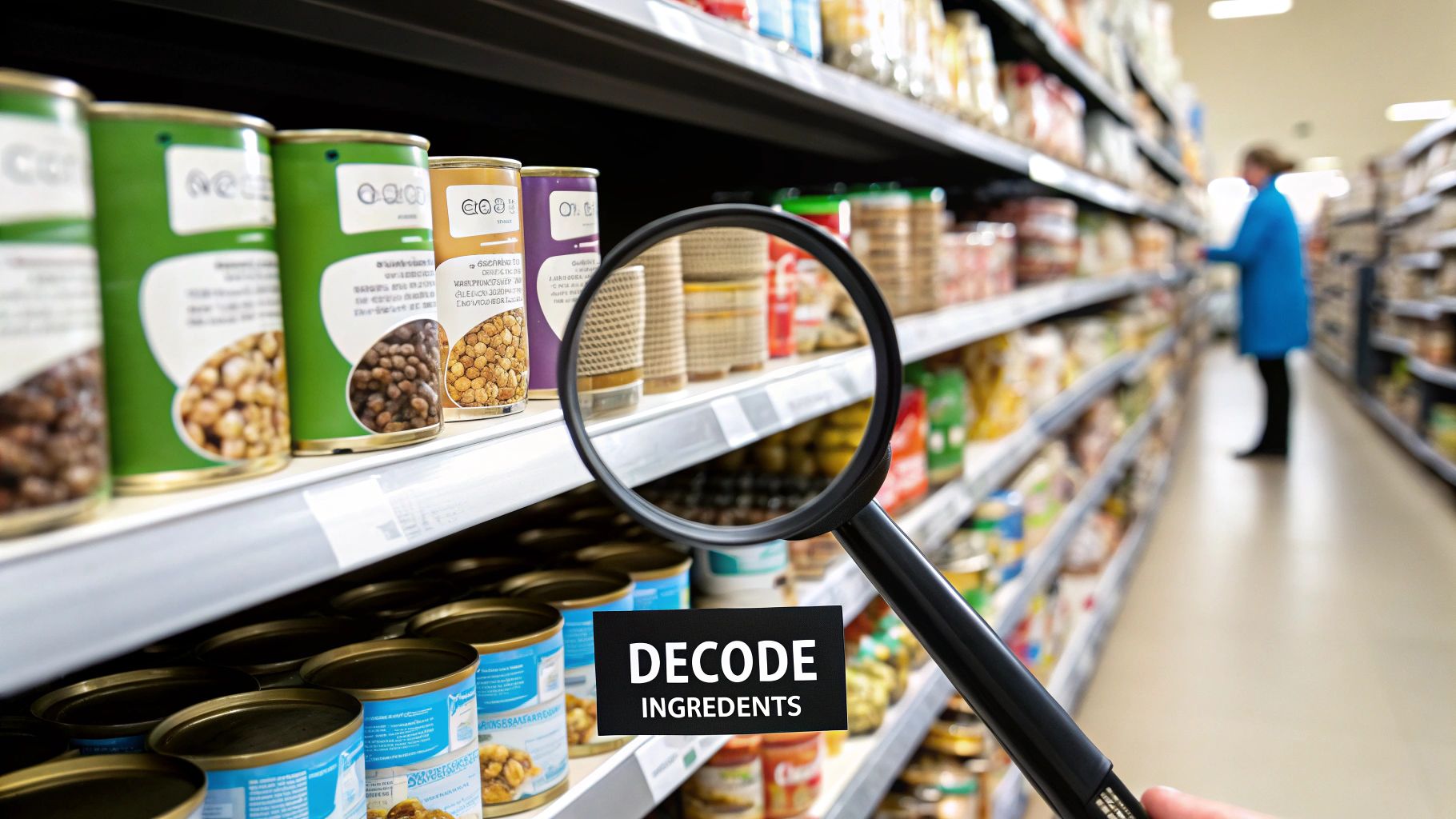 A close-up of a cat food ingredient label being examined