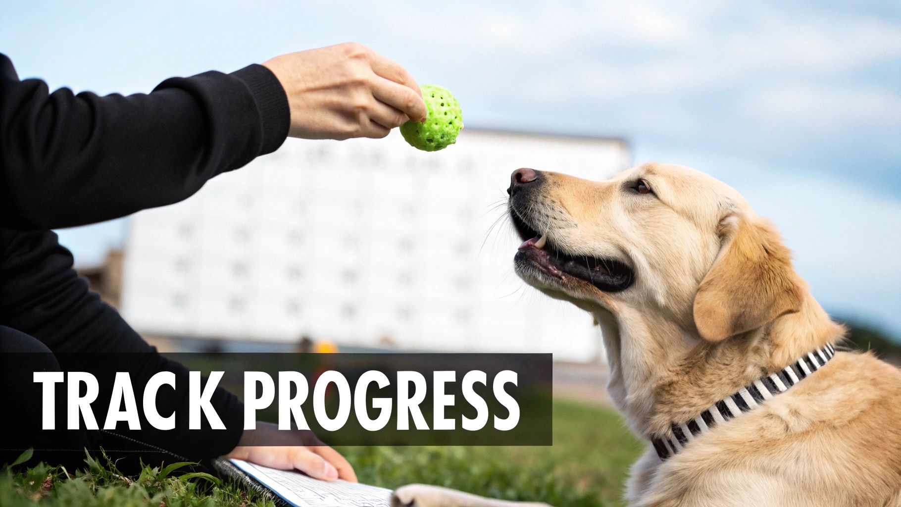 A person's hand holding a joint supplement chew with a happy dog eagerly waiting to eat it.