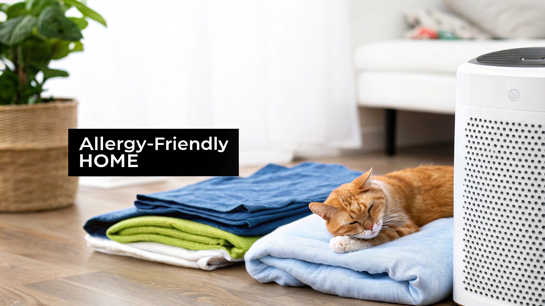 An orange cat sleeps peacefully on a blanket next to an air purifier in an allergy-friendly home.