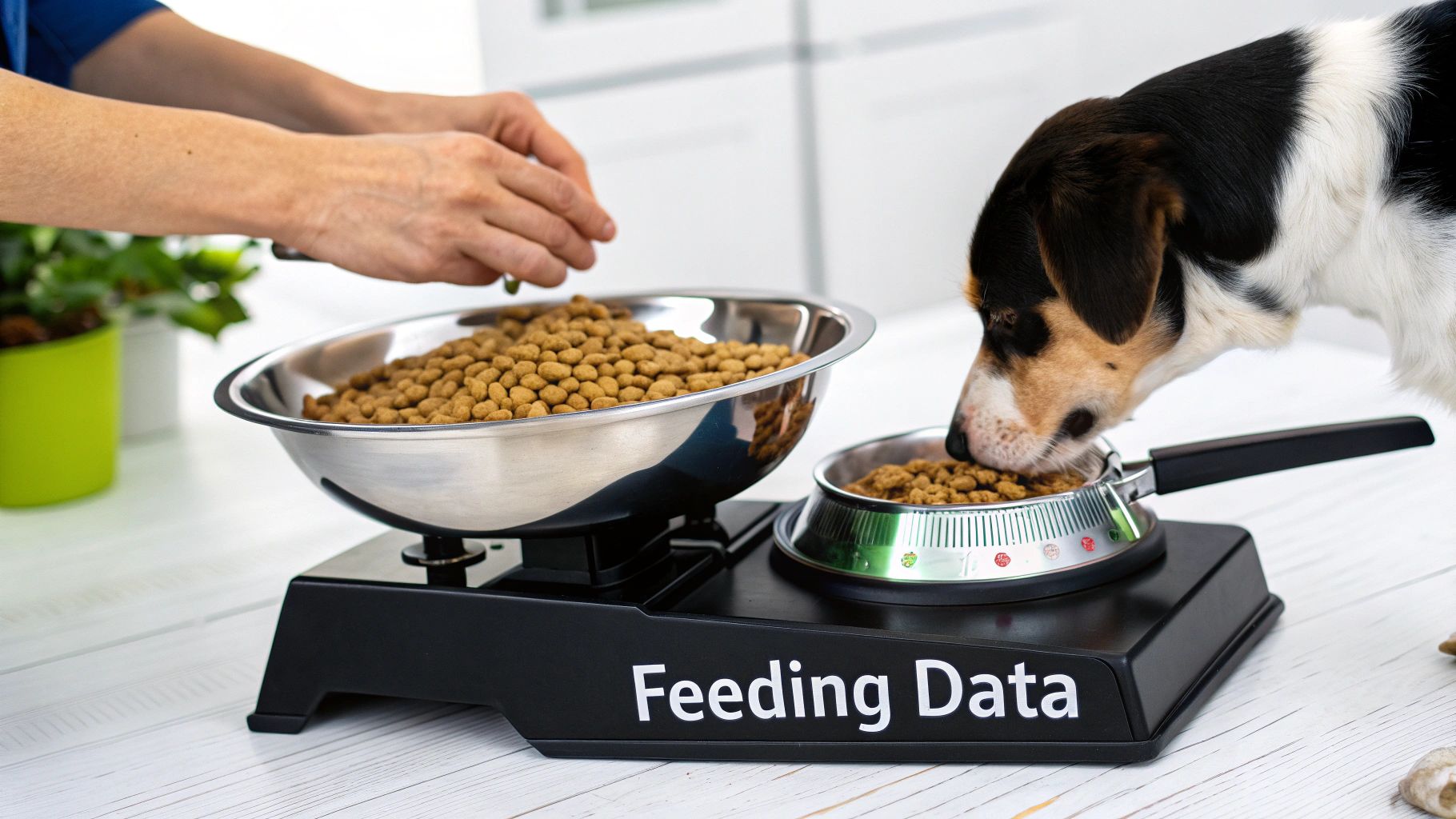A person weighing their dog on a bathroom scale