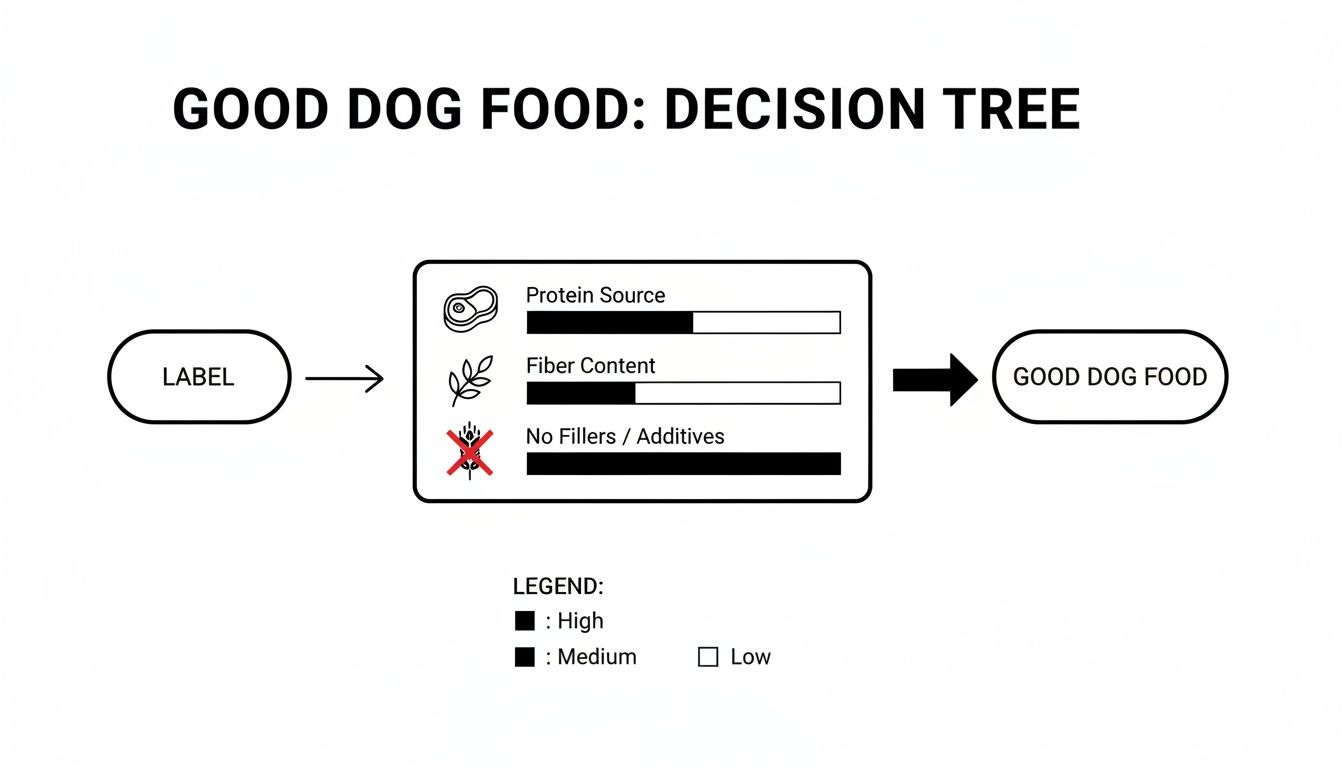 Decision tree illustrating criteria for good dog food: high protein, medium fiber, and no fillers or additives.