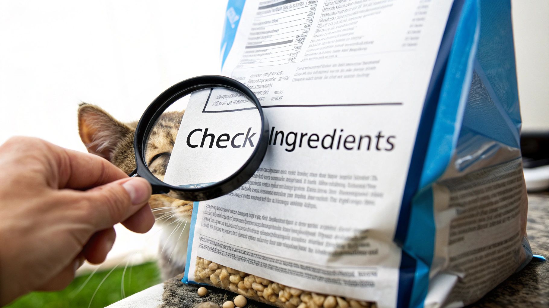 A person closely examining the ingredient label on a bag of cat food.