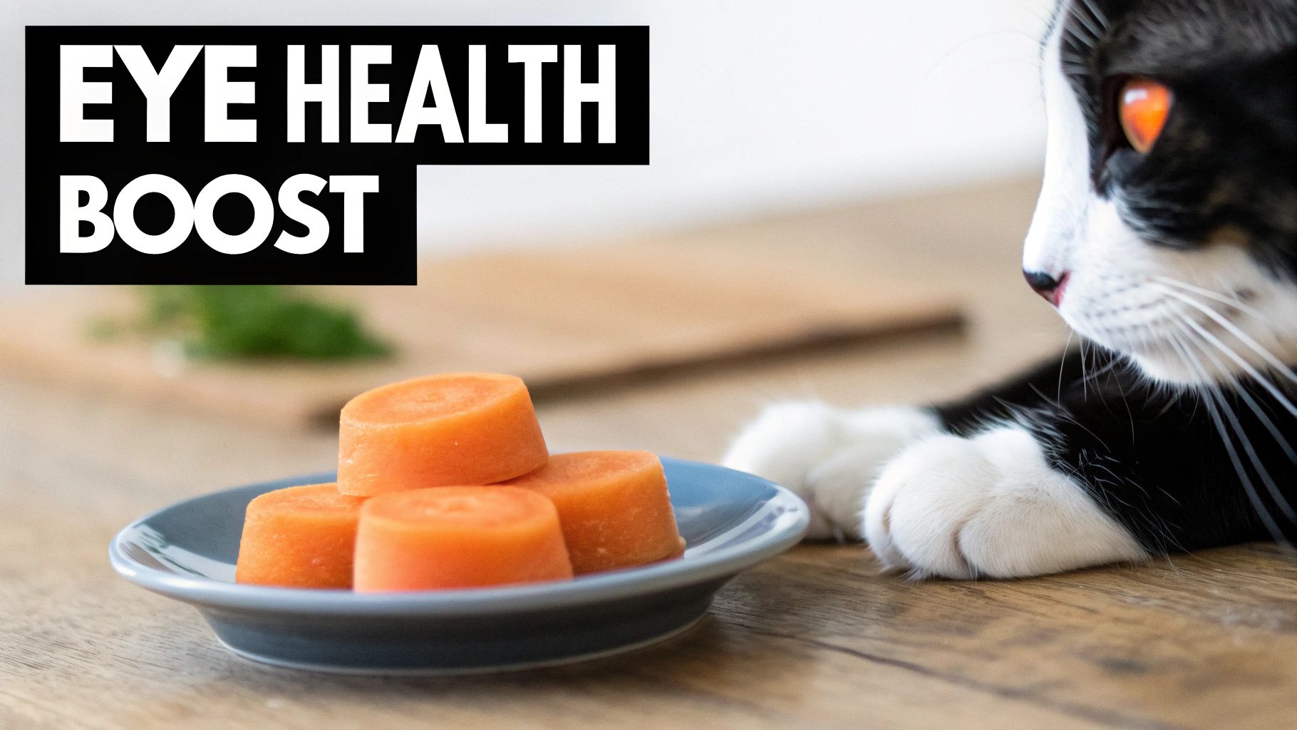 A black and white cat looks attentively at a plate of carrot slices, promoting eye health.