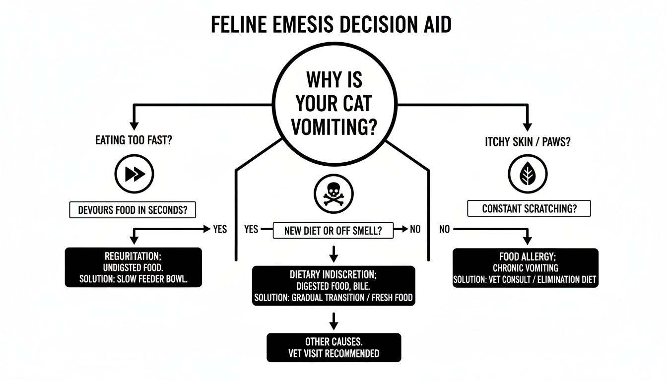 Flowchart diagram for feline emesis decision aid, explaining causes of cat vomiting and solutions.