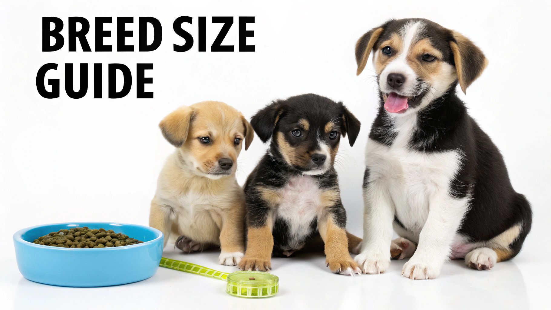 Three adorable puppies of different sizes with a food bowl and measuring tape for a breed size guide.