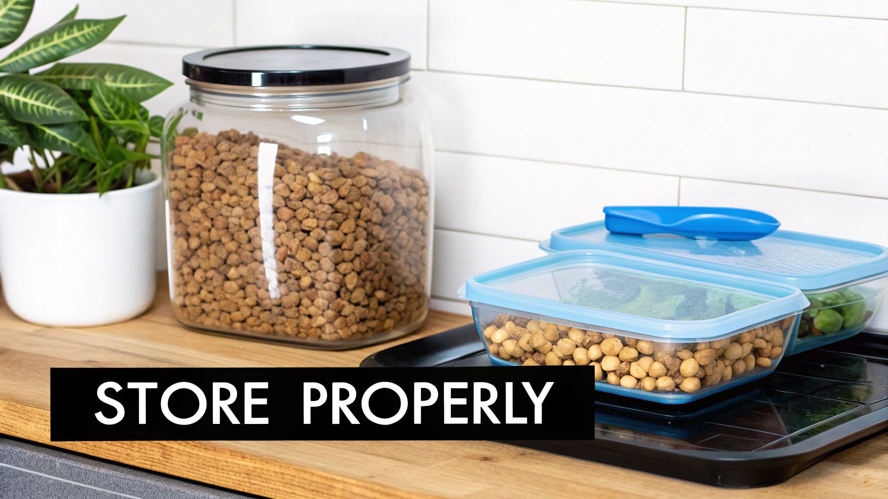 Various food items, including chickpeas and greens, stored in glass jars and containers on a kitchen counter.