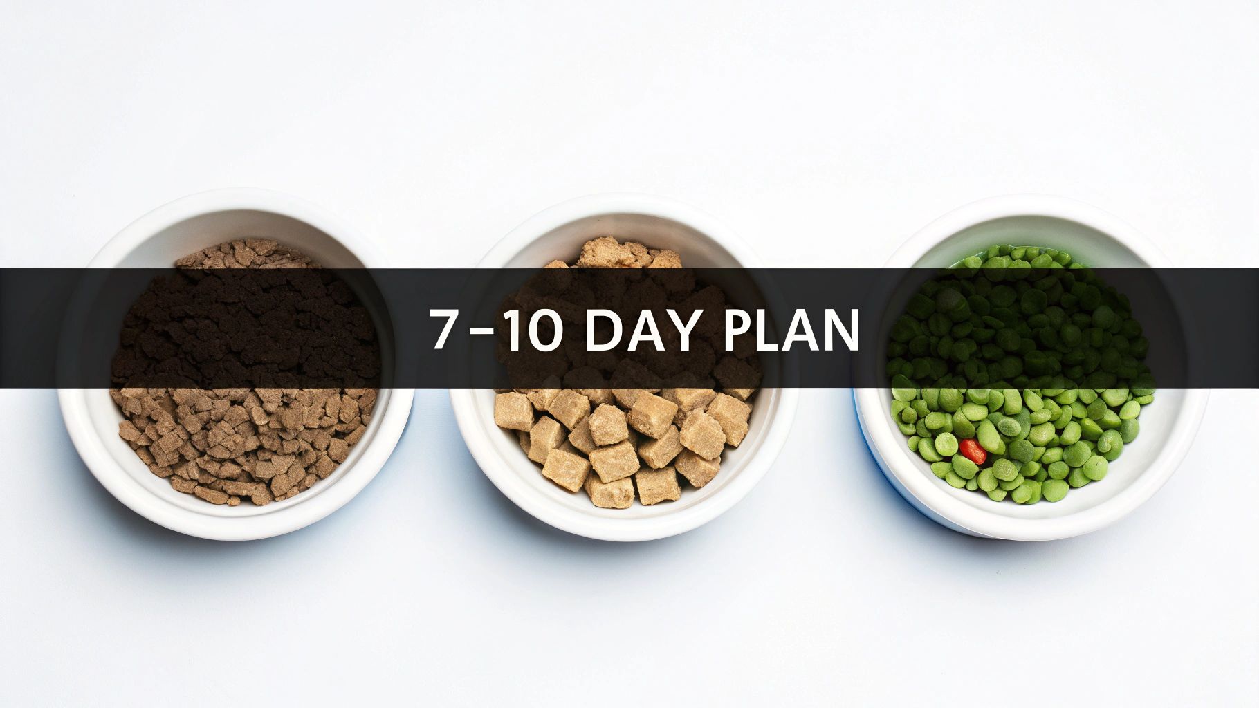 Two bowls of cat food, one old and one new, with a spoon mixing them together.