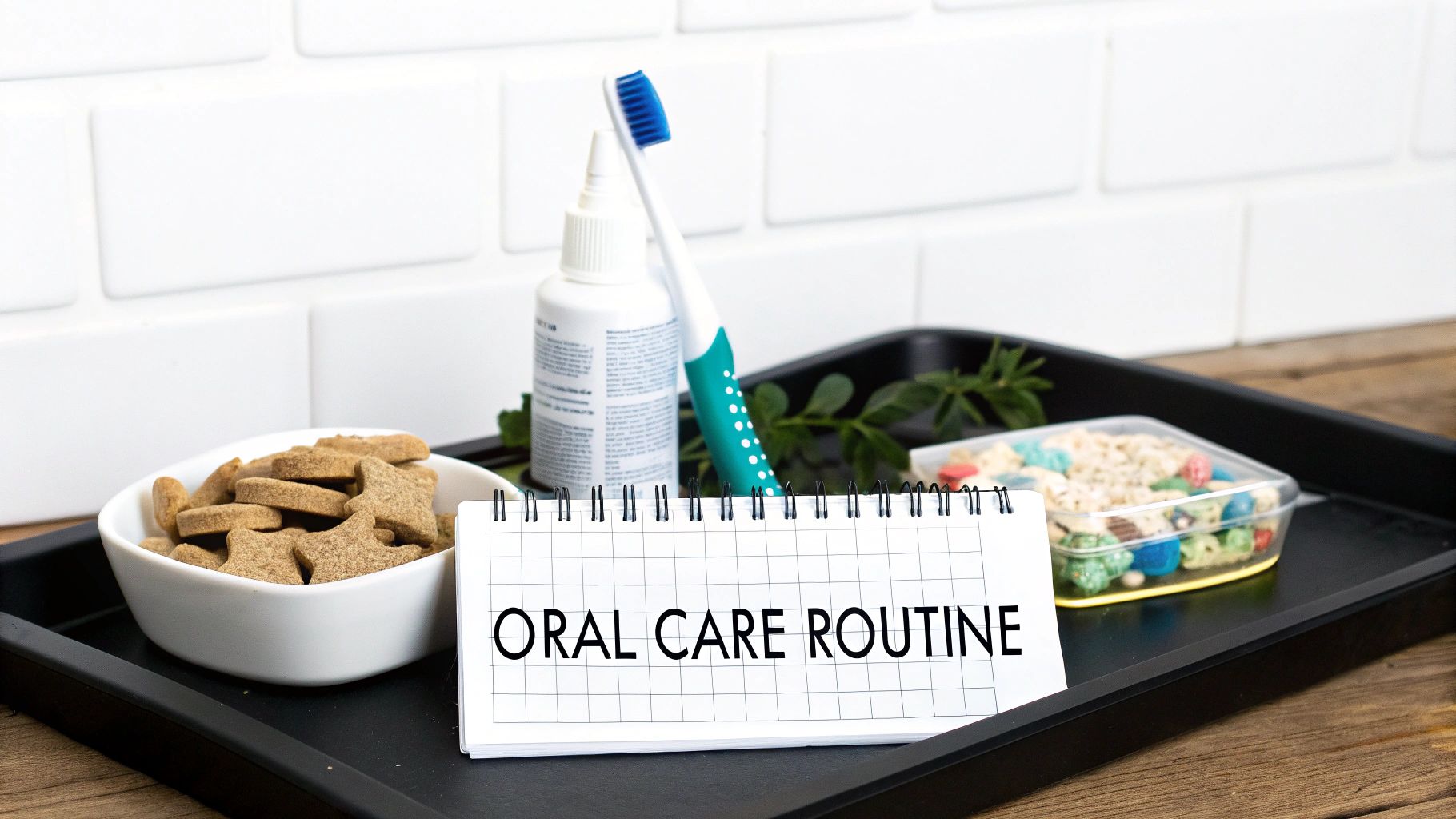 A cat owner giving their cat a dental treat as part of a daily routine