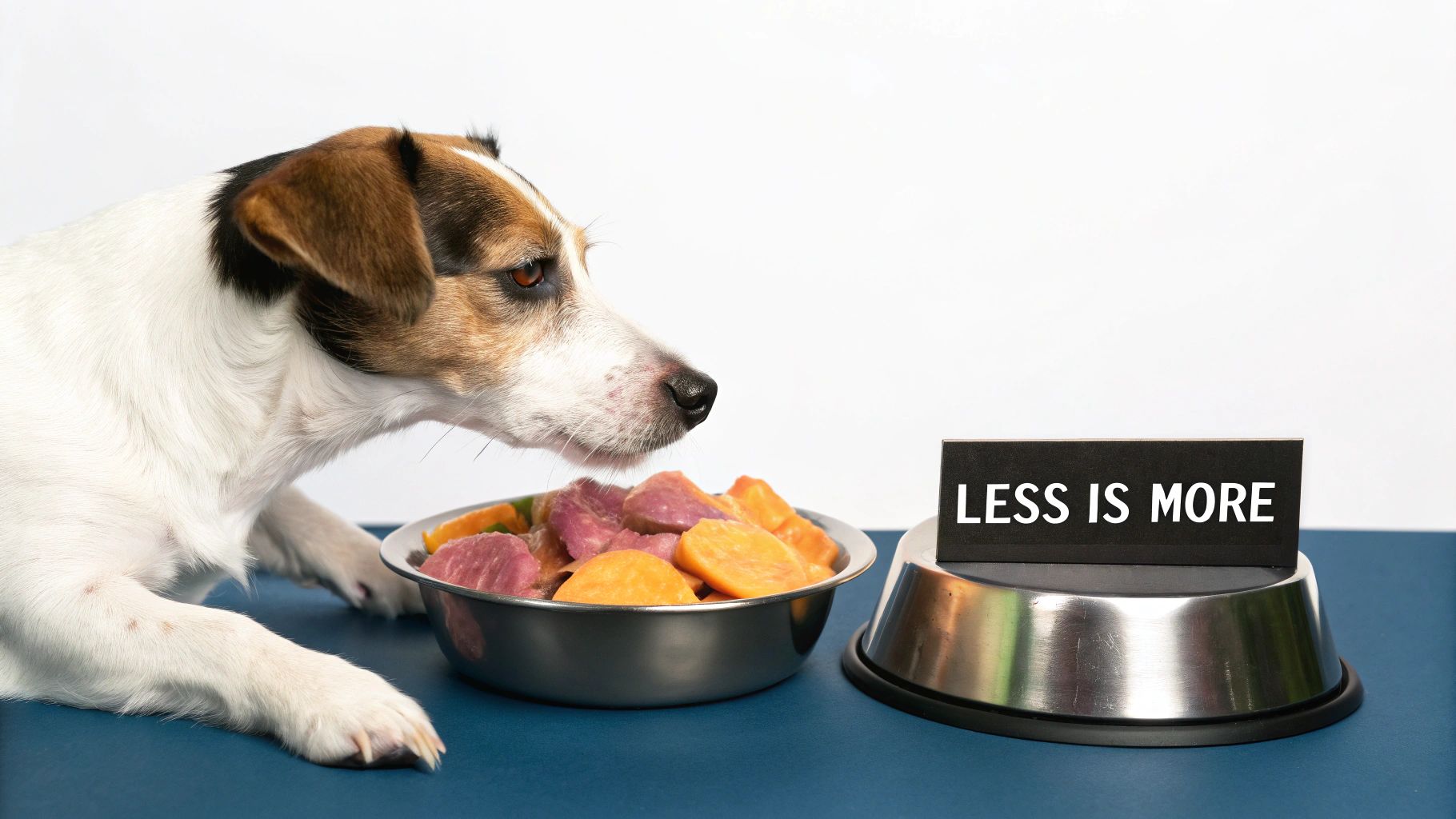 A golden retriever looking happily at a bowl of limited ingredient dog food.