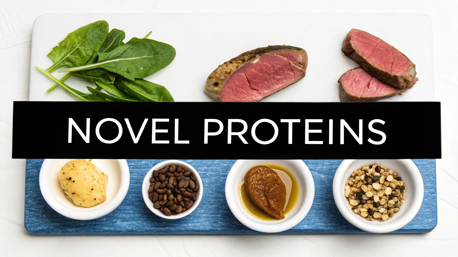 A collection of food, including spinach, roast beef, nuts, and novel protein ingredients on a white and blue surface.