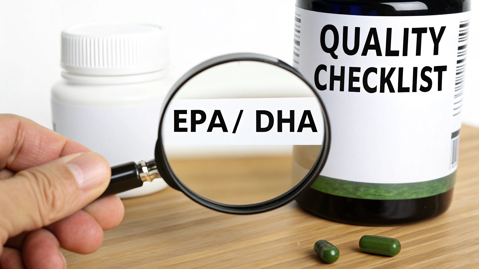 A hand holding a magnifying glass highlighting 'EPA / DHA' text on a label, near a 'QUALITY CHECKLIST' bottle and green pills.