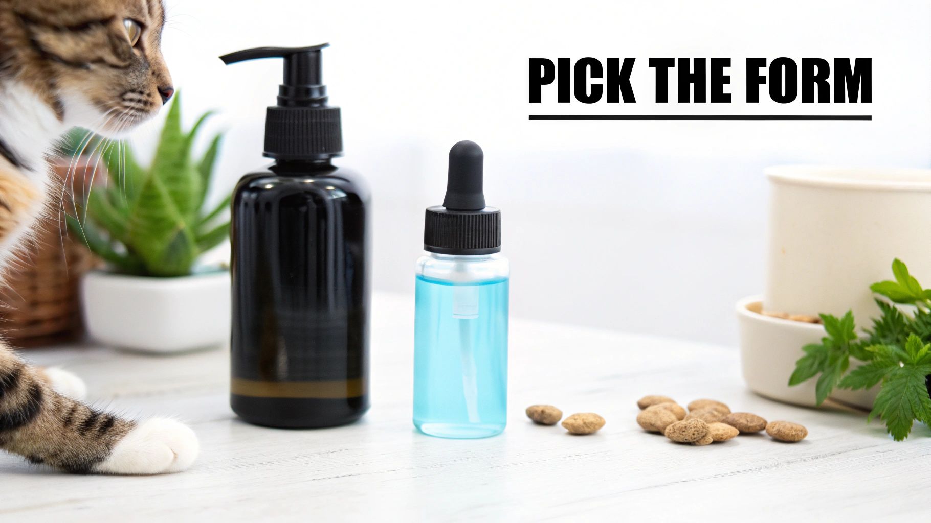 A cat looking at pet food, a pump bottle, and a dropper bottle with text 'PICK THE FORM'.