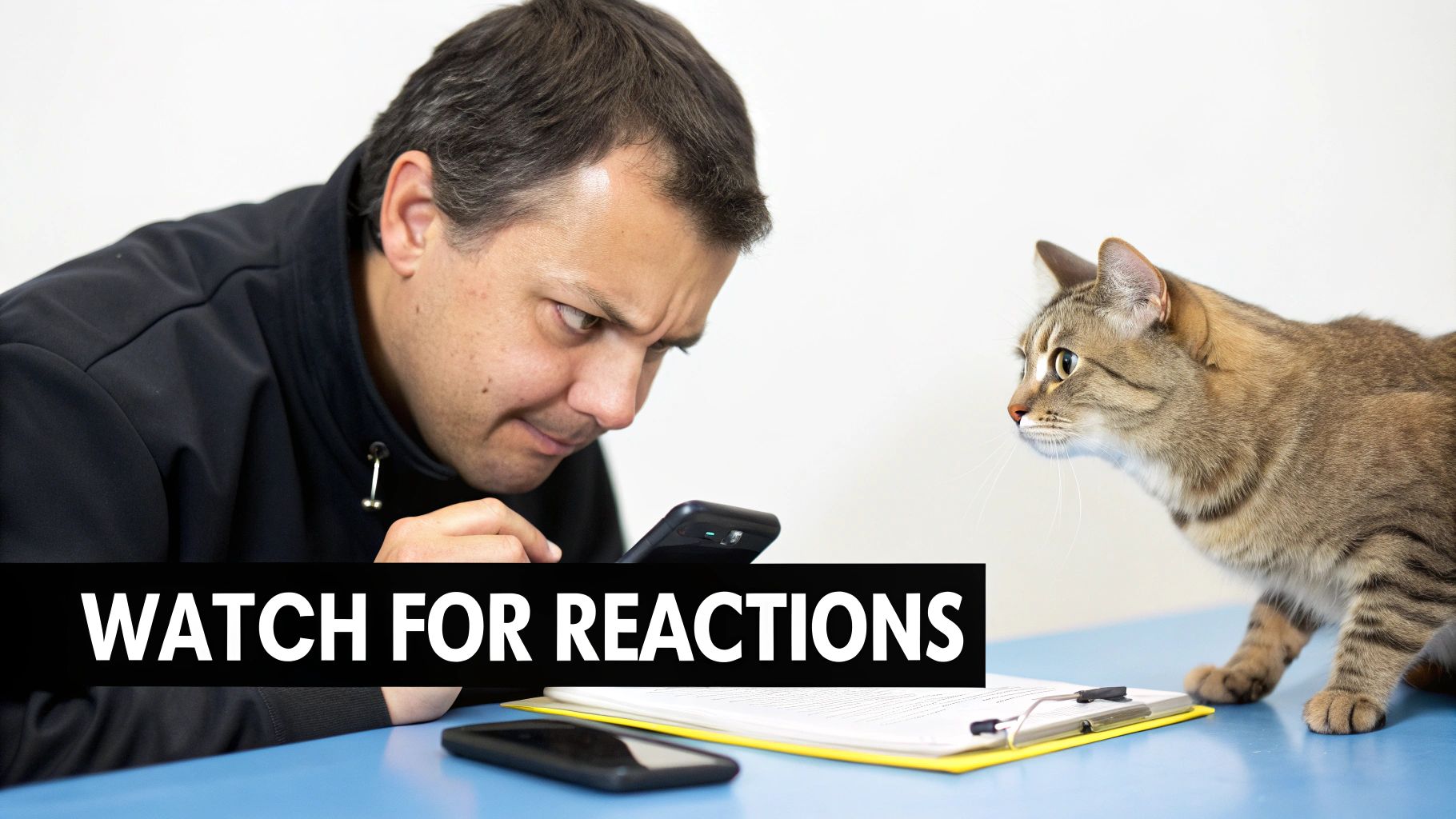 A man and a cat both intently watch a smartphone, appearing to react to its content.