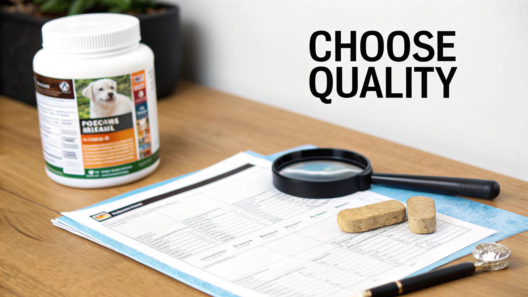 A bottle of dog supplements, a magnifying glass, and documents on a wooden desk, with 'CHOOSE QUALITY' on the wall.