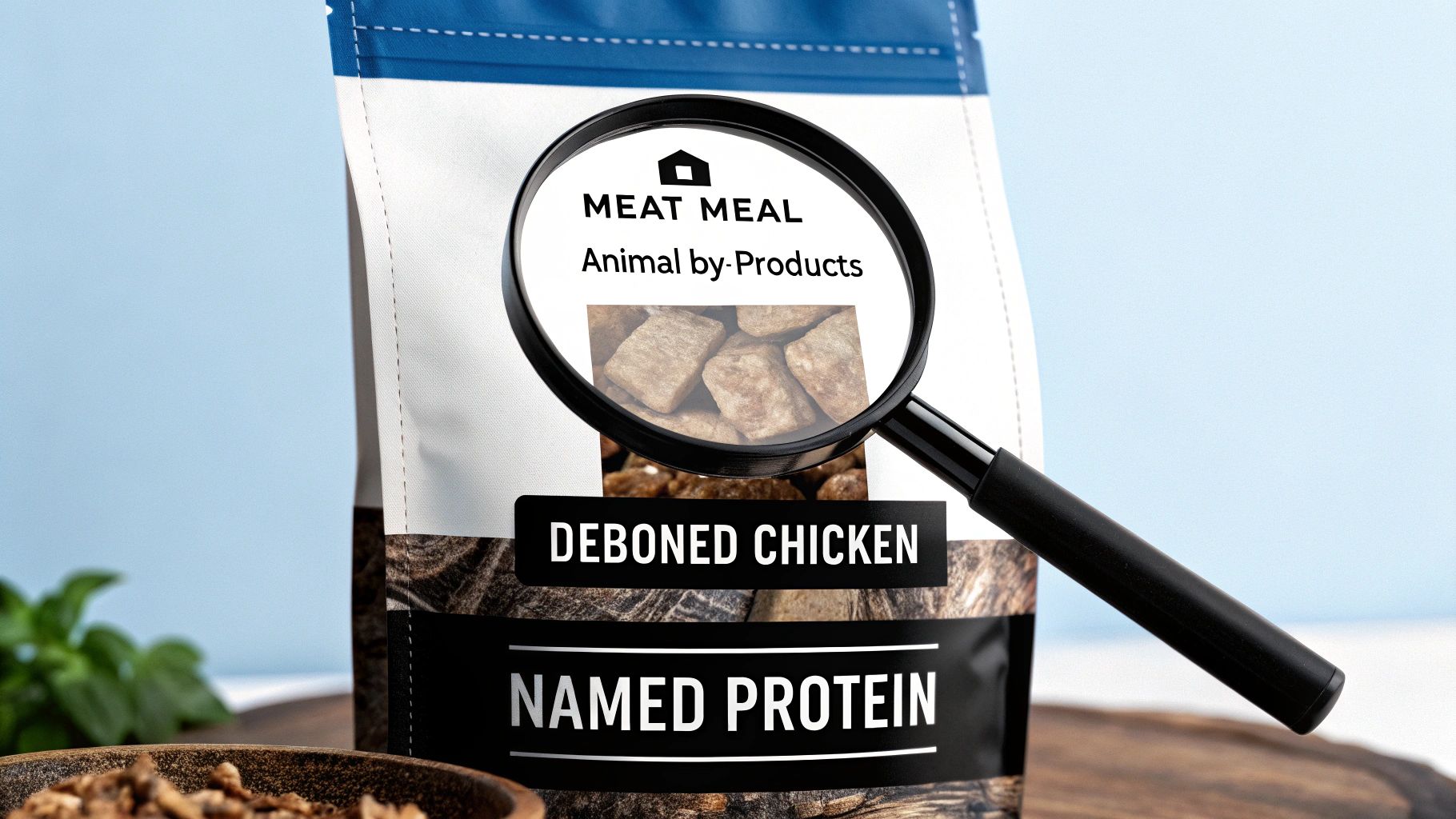 A close-up of different types of kibble in a dog bowl