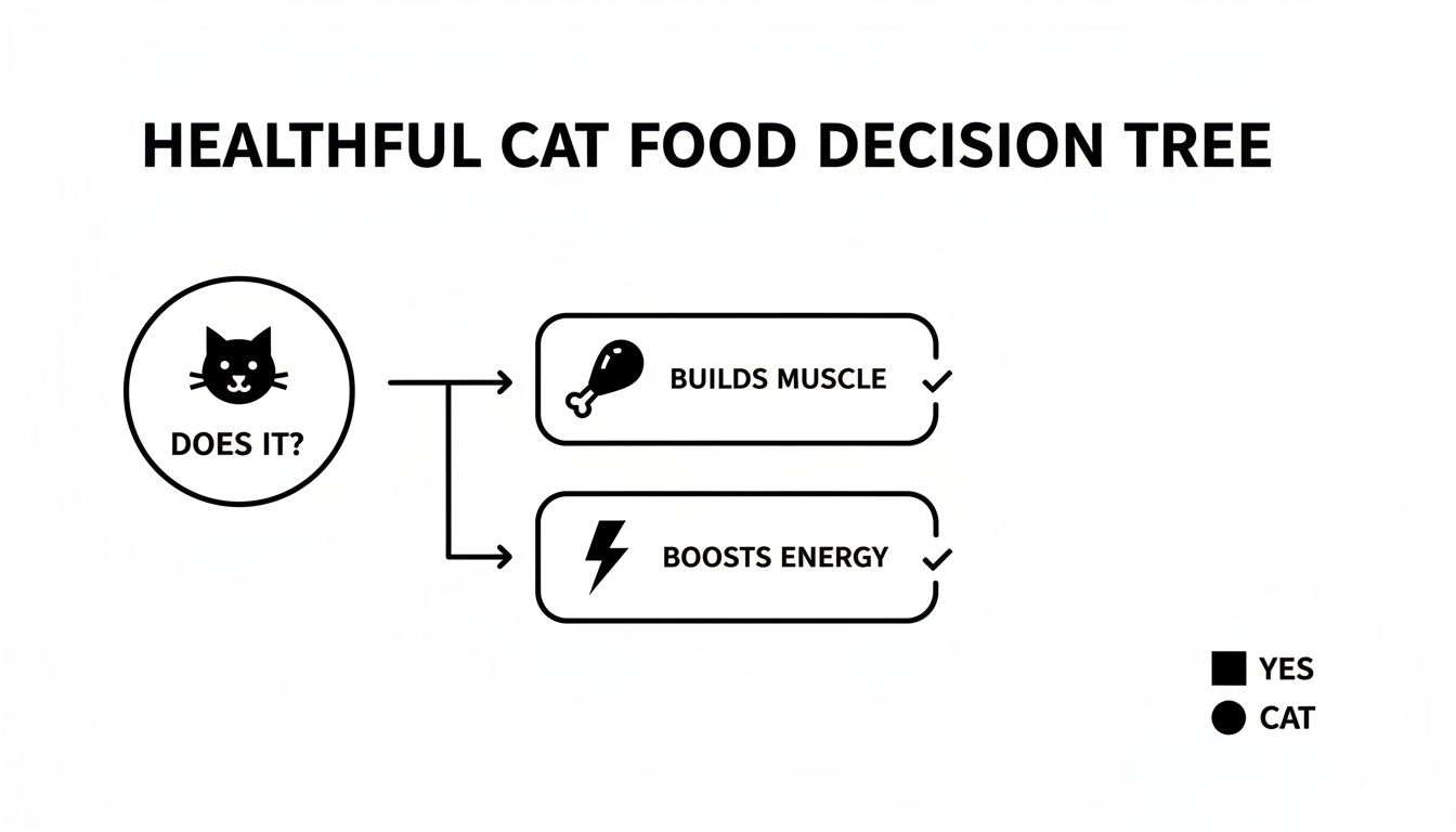 A healthful cat food decision tree showing options for building muscle and boosting energy.