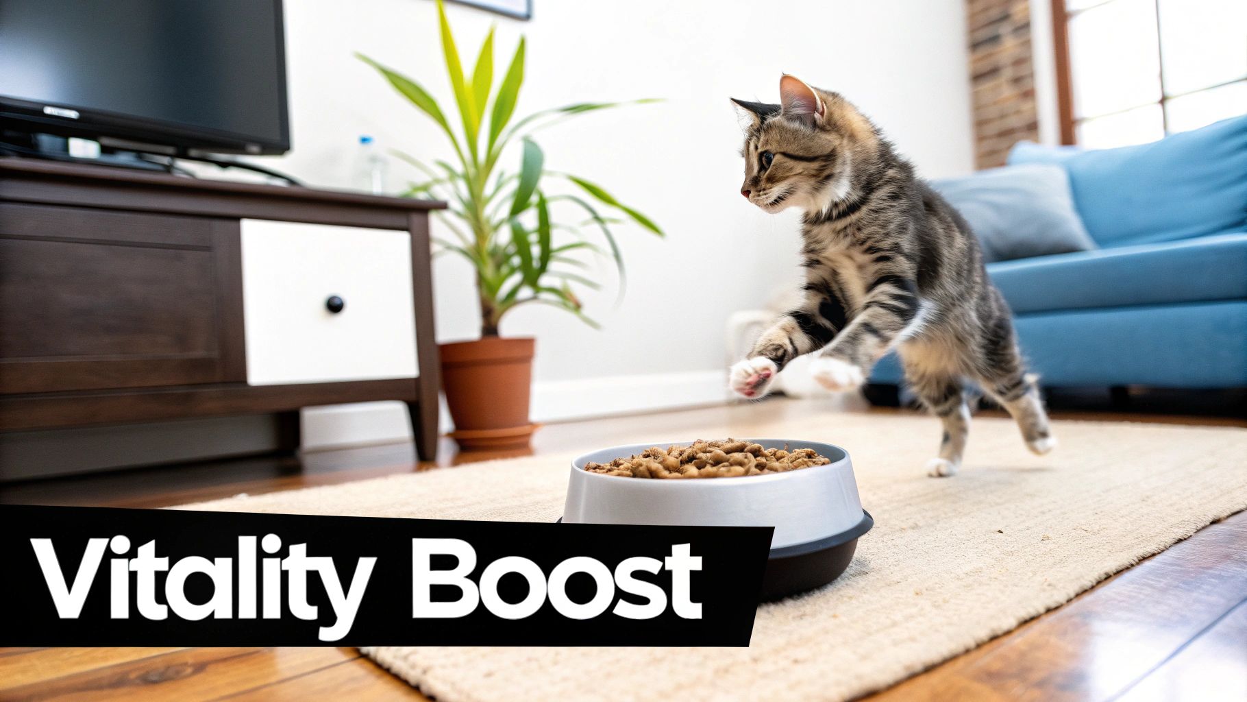 A playful tabby kitten leaps towards a bowl of dry cat food on a beige rug in a bright room.