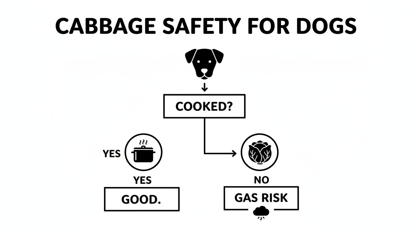 Flowchart detailing cabbage safety for dogs: cooked cabbage is good, raw cabbage poses a gas risk.
