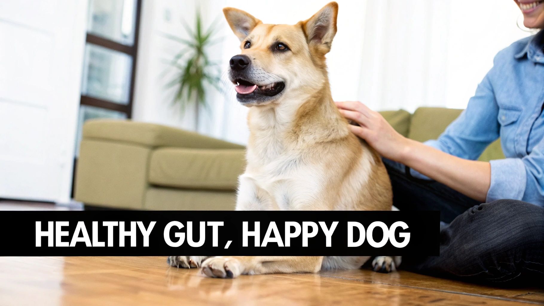 A happy light brown dog with its tongue out, being petted by a person on a wooden floor indoors.
