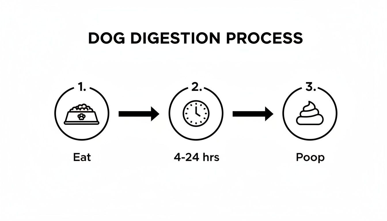 A simple black and white diagram illustrates the dog digestion process, showing eating, 4-24 hours, and pooping.