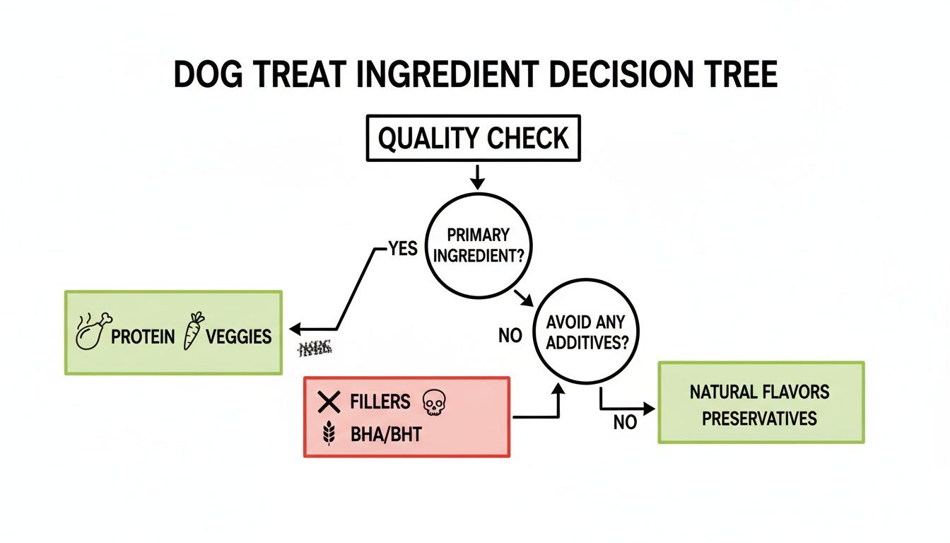 Flowchart guiding dog treat ingredient choices, emphasizing quality, protein, veggies, and avoiding additives.