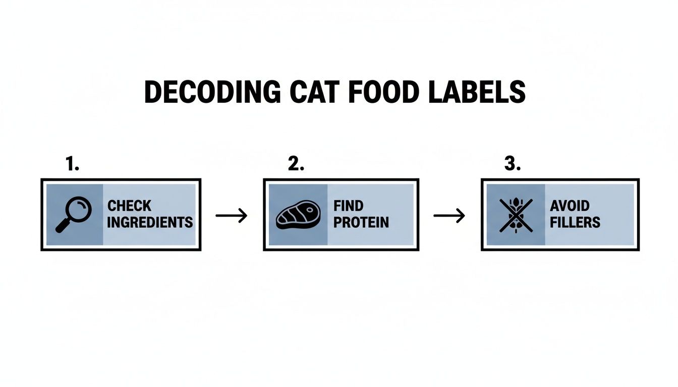 A diagram illustrating three steps to decode cat food labels: check ingredients, find protein, and avoid fillers.