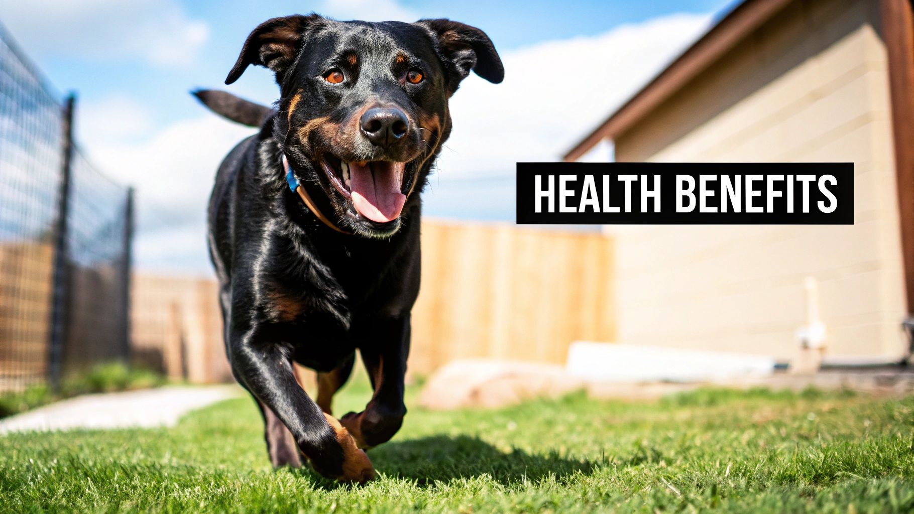 A happy black and brown dog runs across green grass with "HEALTH BENEFITS" text.