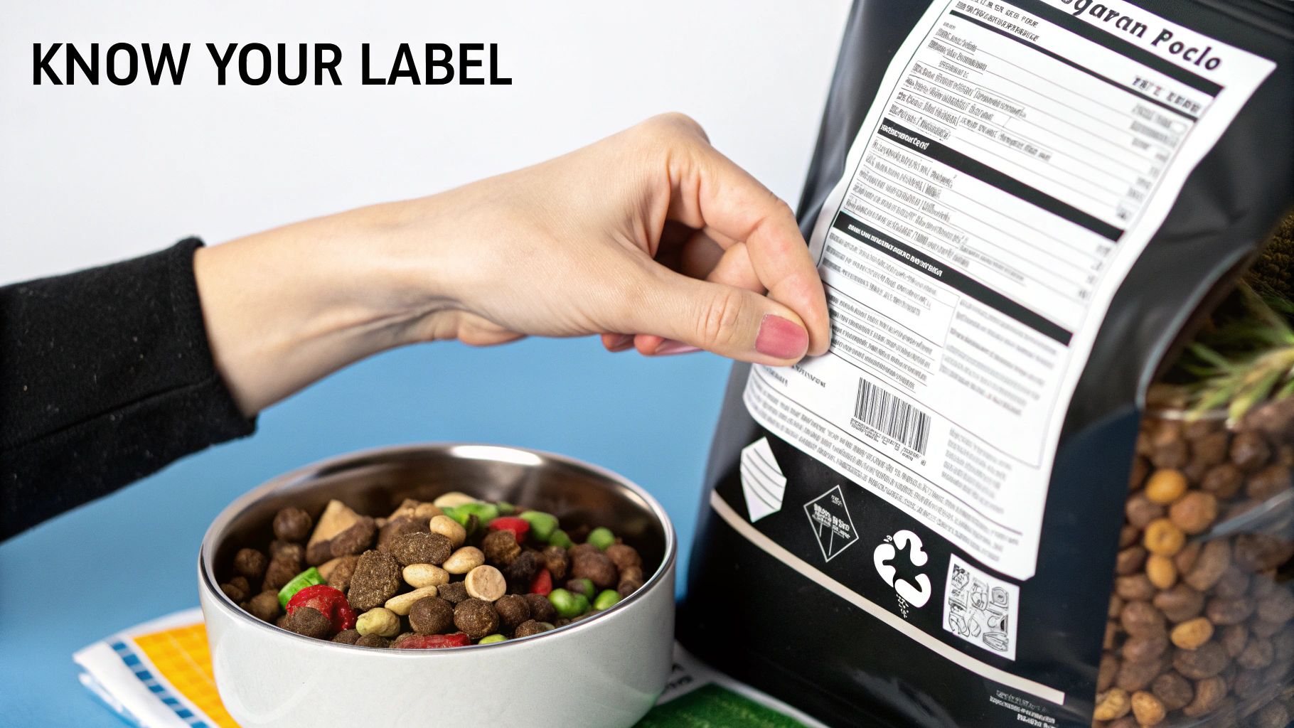 A person closely examining the ingredient label on a bag of dog food.