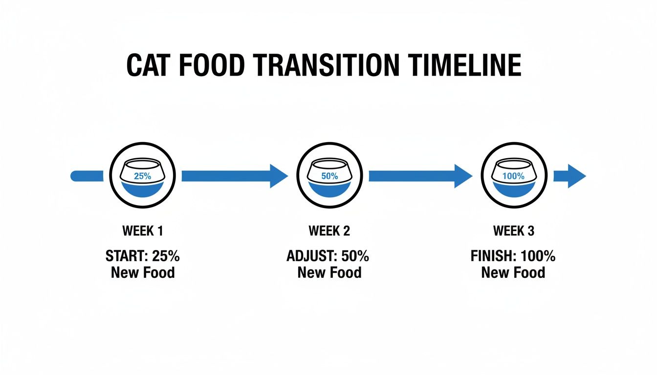 Cat food transition timeline showing a 3-week plan: 25%, 50%, then 100% new food.