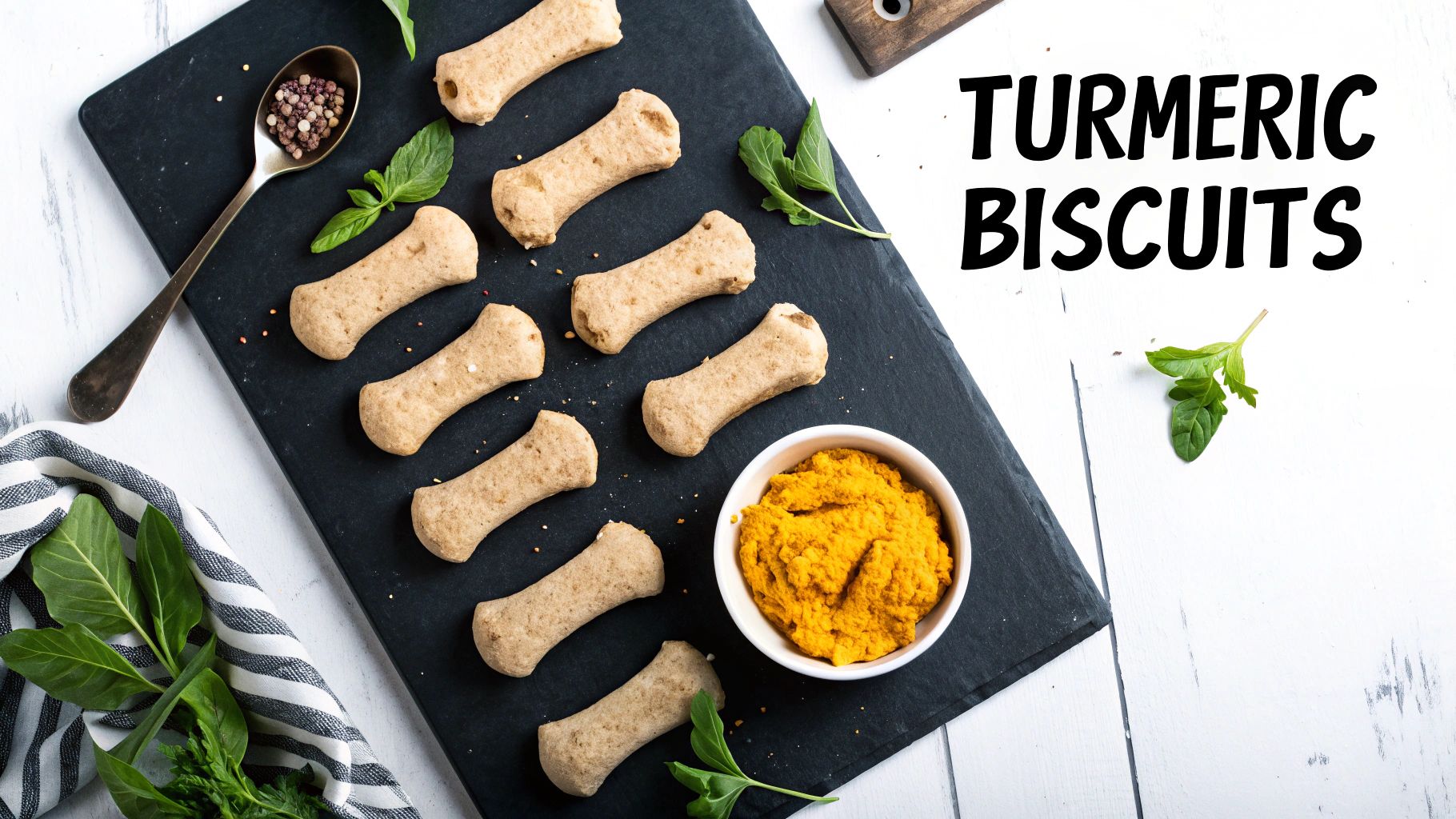 A batch of golden-brown, bone-shaped dog biscuits made with sweet potato and turmeric, arranged on a baking sheet.